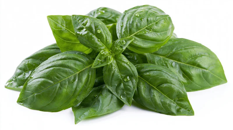 Fresh basil sprigs with water droplets on leaves isolated on white background