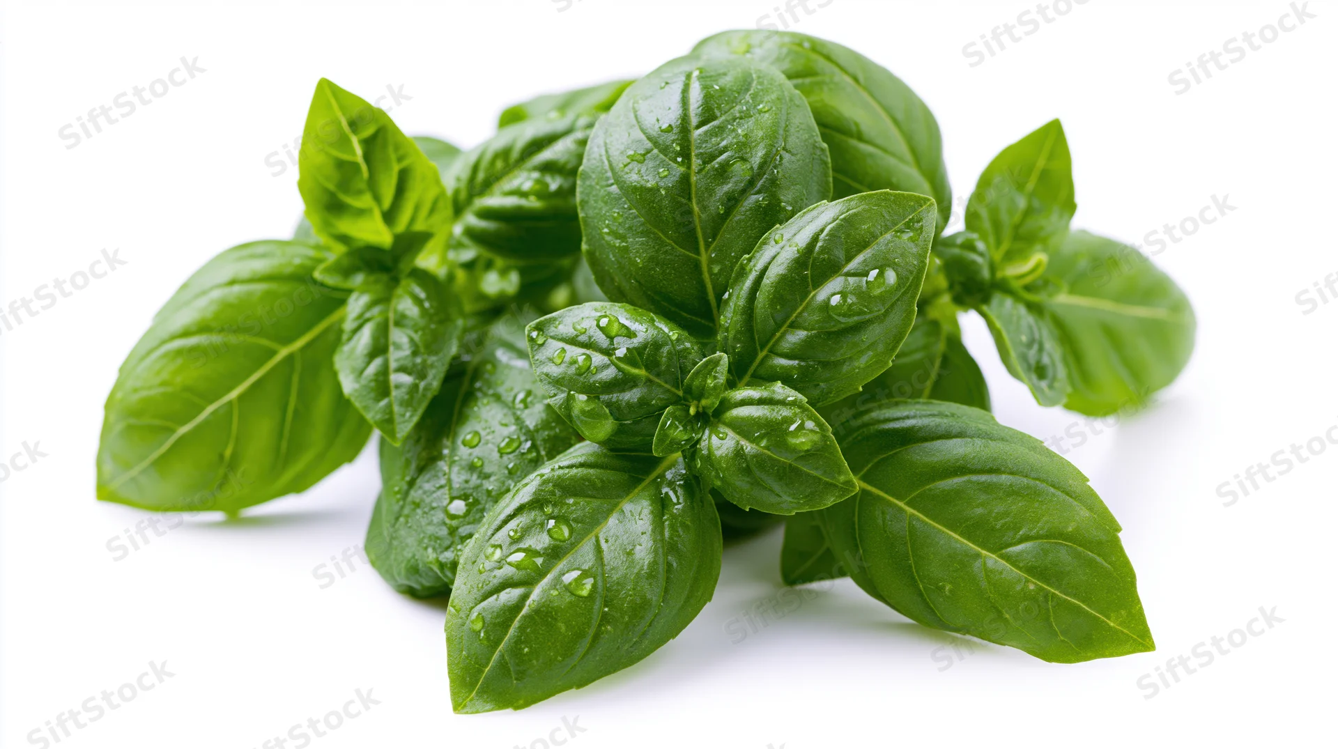 Fresh basil sprigs with water droplets on leaves isolated on white background