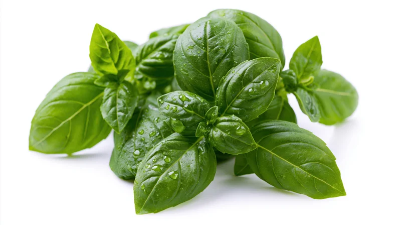 Fresh basil sprigs with water droplets on leaves isolated on white background