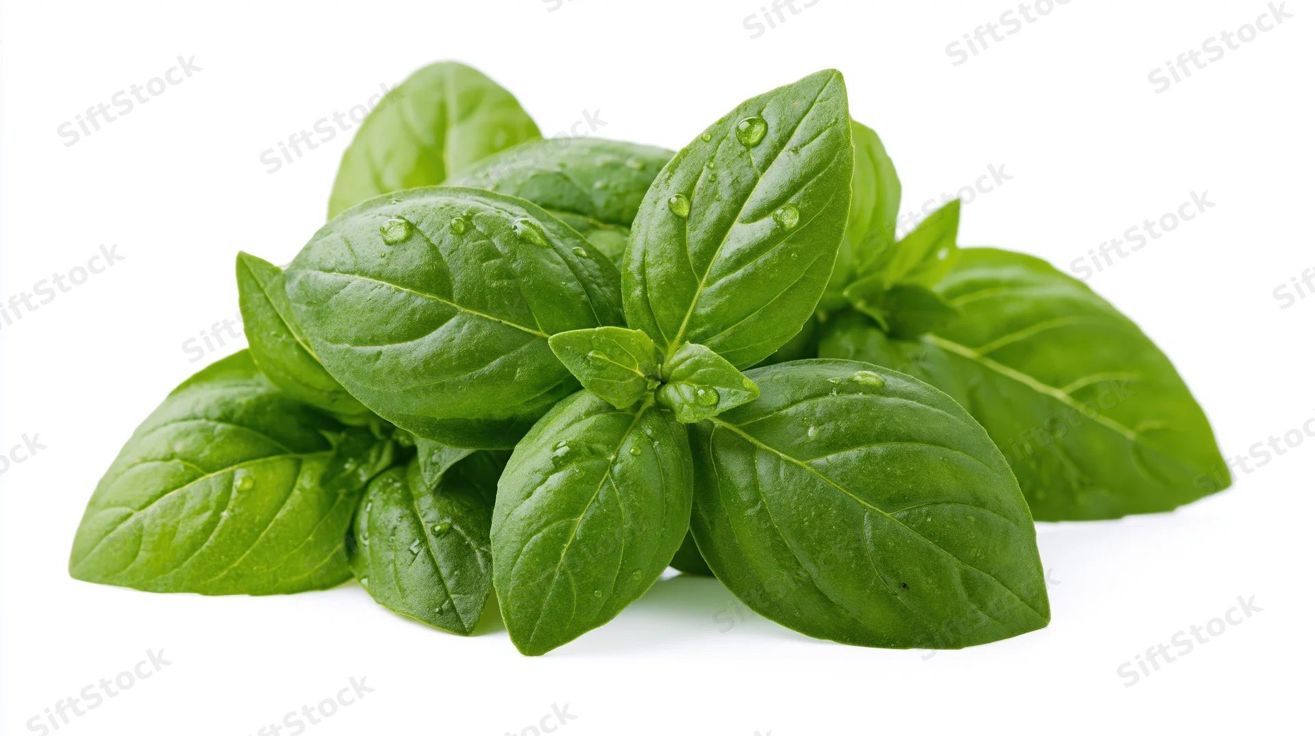 Fresh basil sprigs with water droplets on leaves isolated on white background