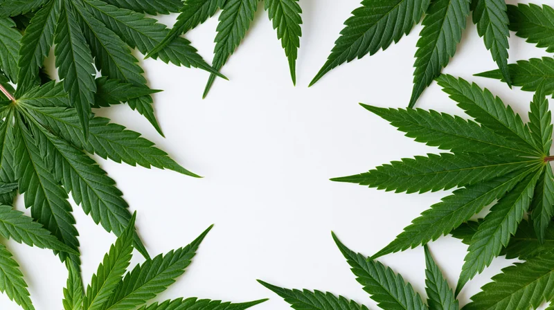 Cannabis leaves arranged in a flat lay border frame on white background with copyspace