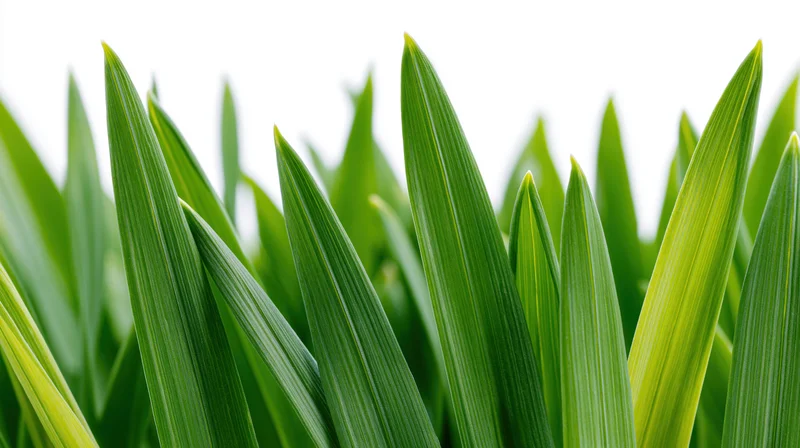 Closeup of fresh green grass blades clustered along the bottom edge against white background