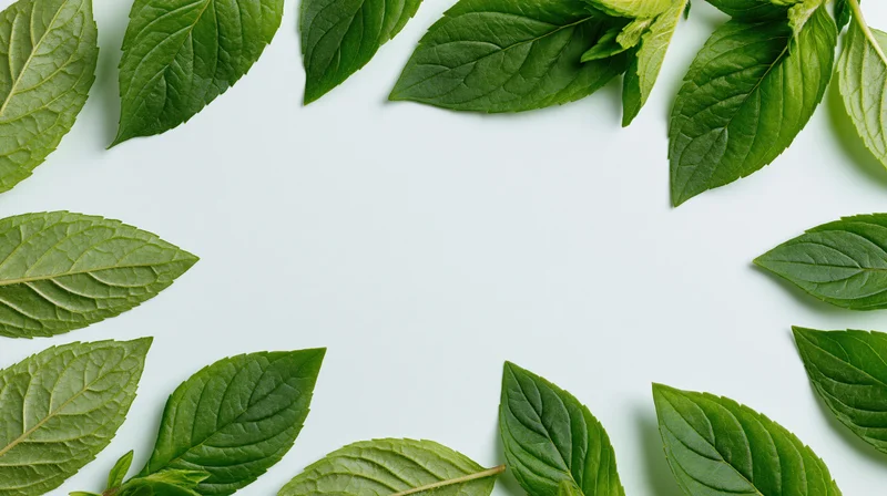 Fresh green basil leaves arranged in a border frame on a white surface