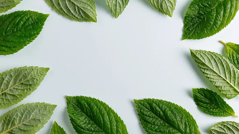 Fresh green mint leaves arranged around edges of white surface with central copyspace
