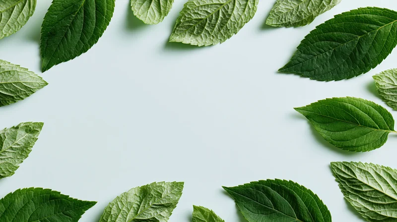 Green leaves arranged around edges of light surface with central copyspace