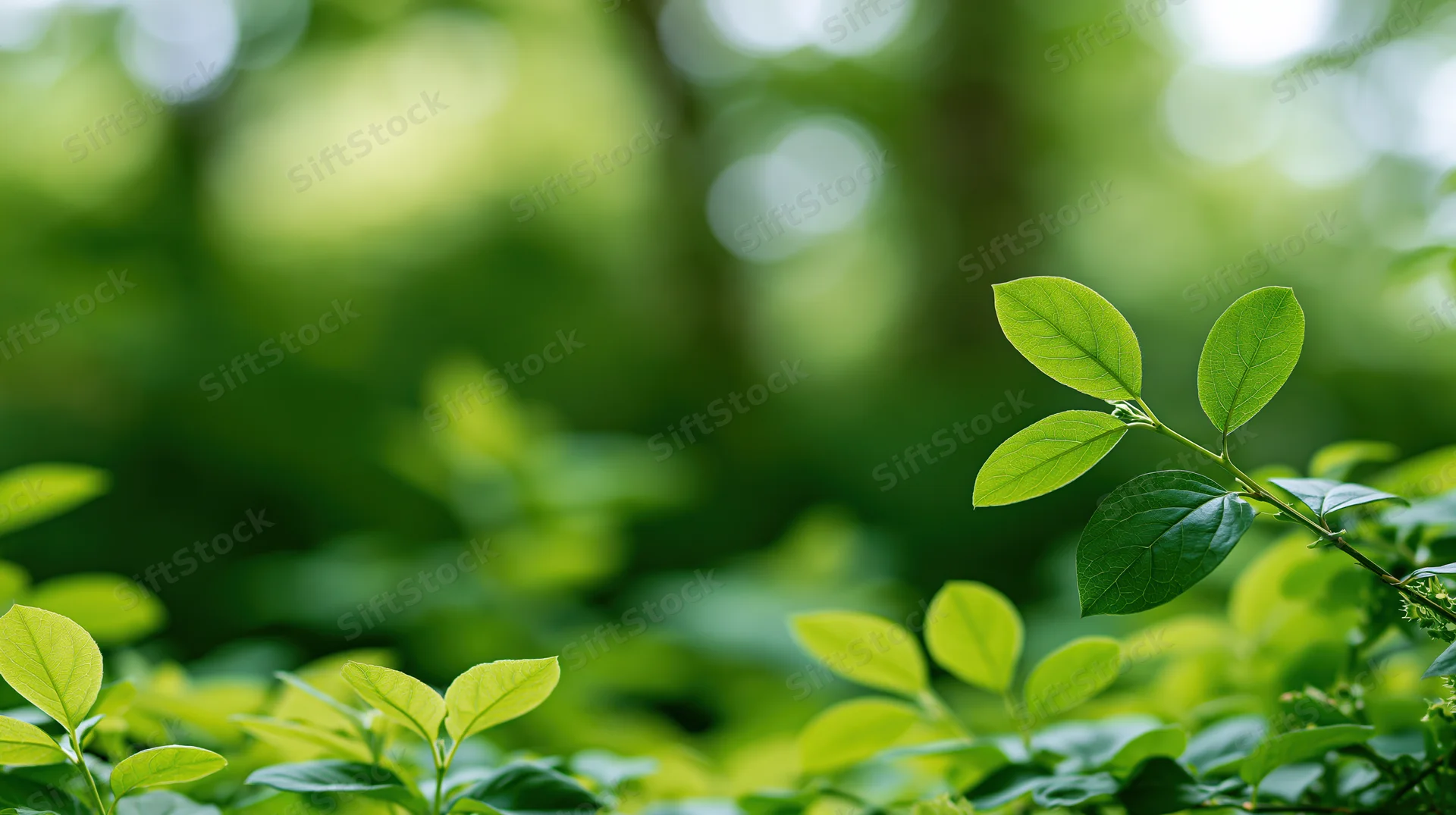Fresh green leaves framing the bottom edge of the frame in a sunlit garden setting