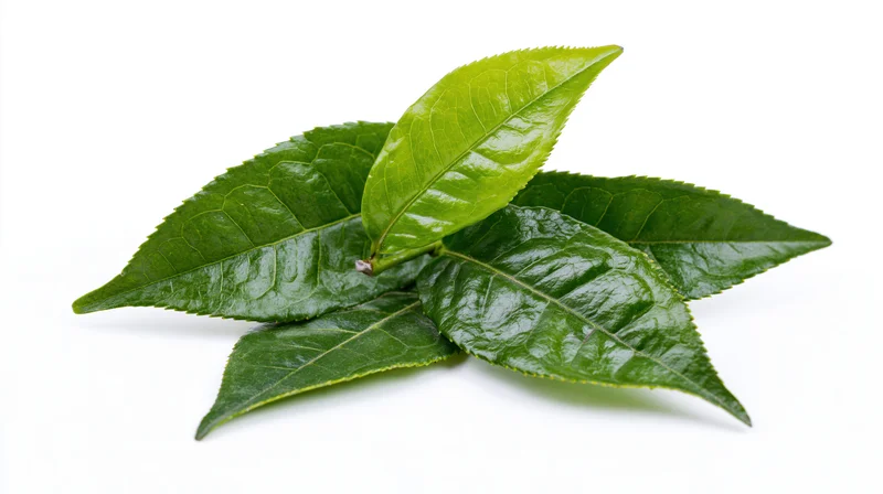 Fresh green tea leaves arranged in a small cluster on a white background