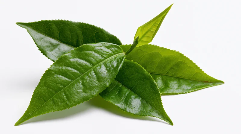 Fresh green tea leaves arranged in a small cluster isolated on white background