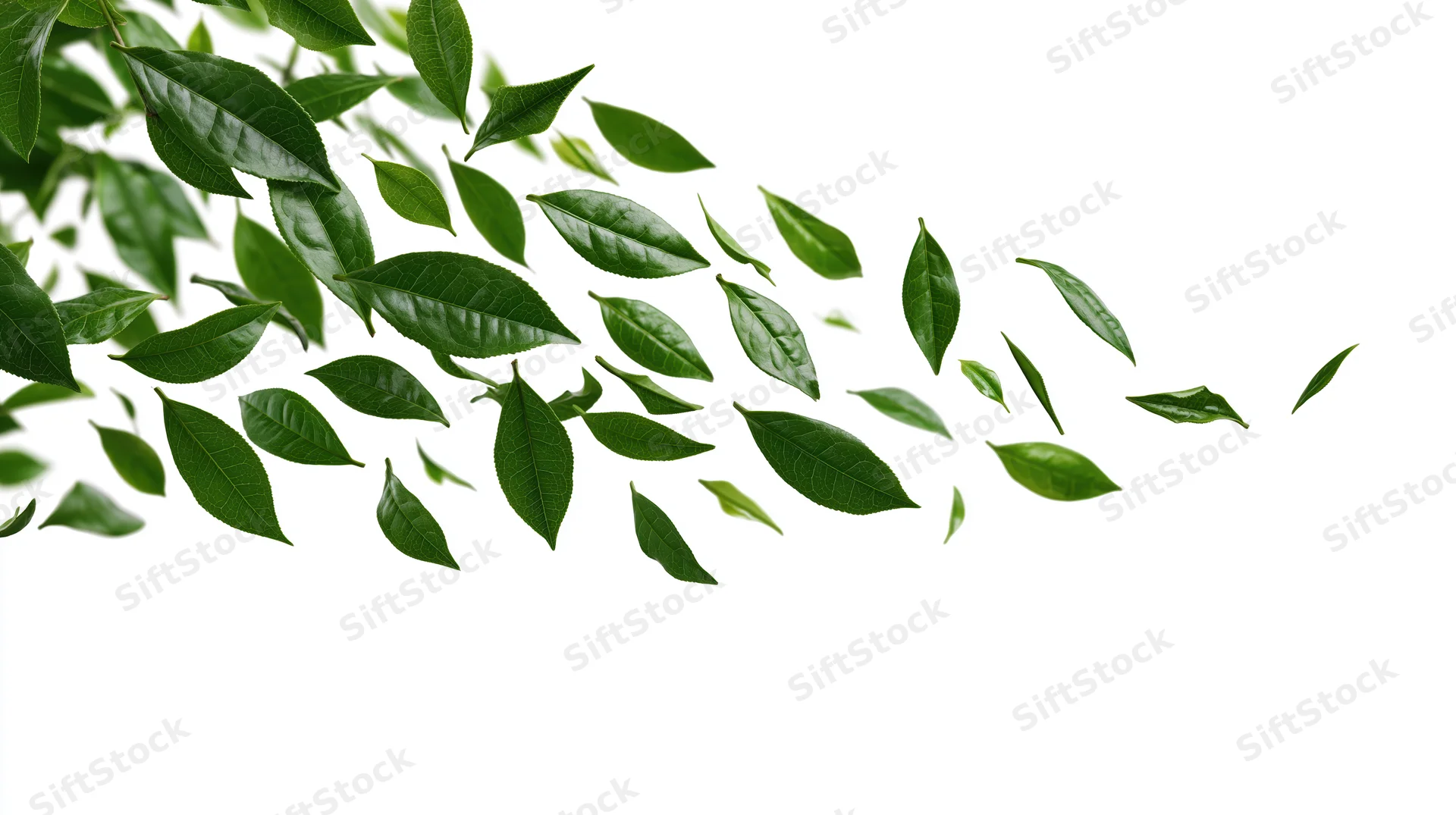 Fresh green tea leaves floating in a sweeping arc against a white background