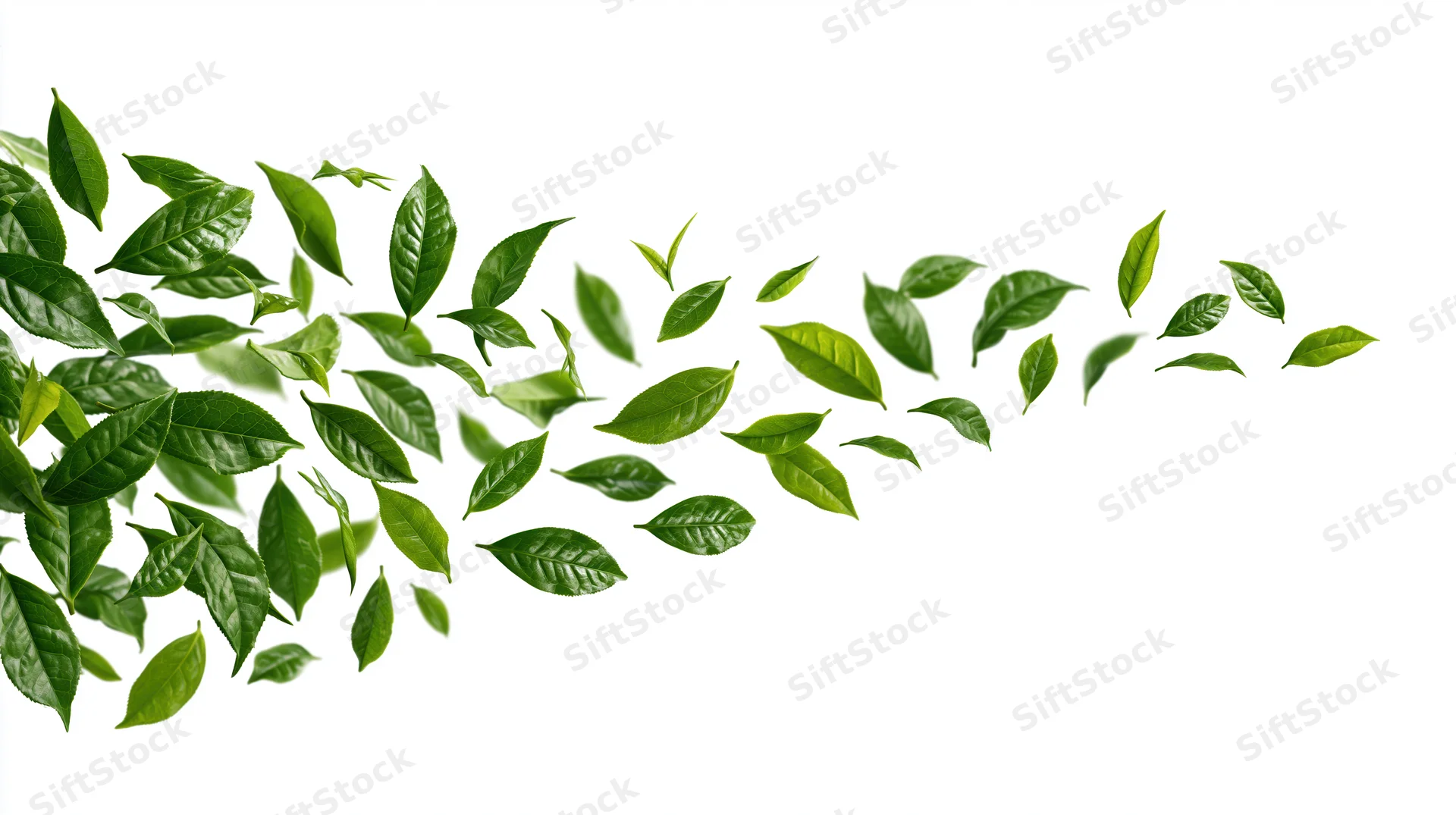 Fresh green tea leaves floating in a sweeping arc against white background