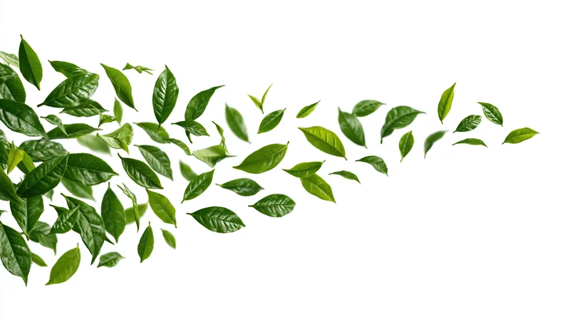 Fresh green tea leaves floating in a sweeping arc against white background