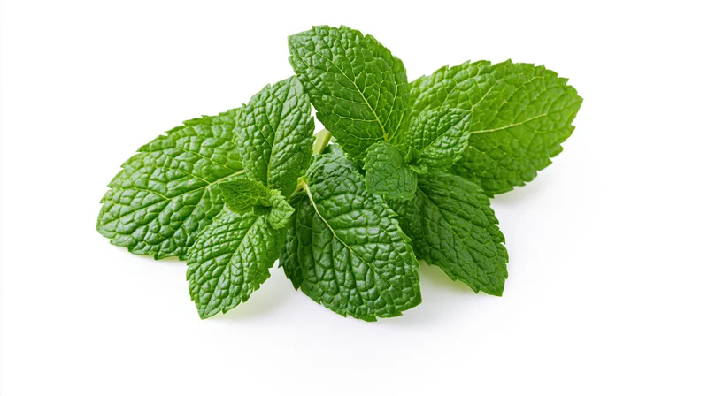 Fresh mint sprigs with textured green leaves arranged on white background