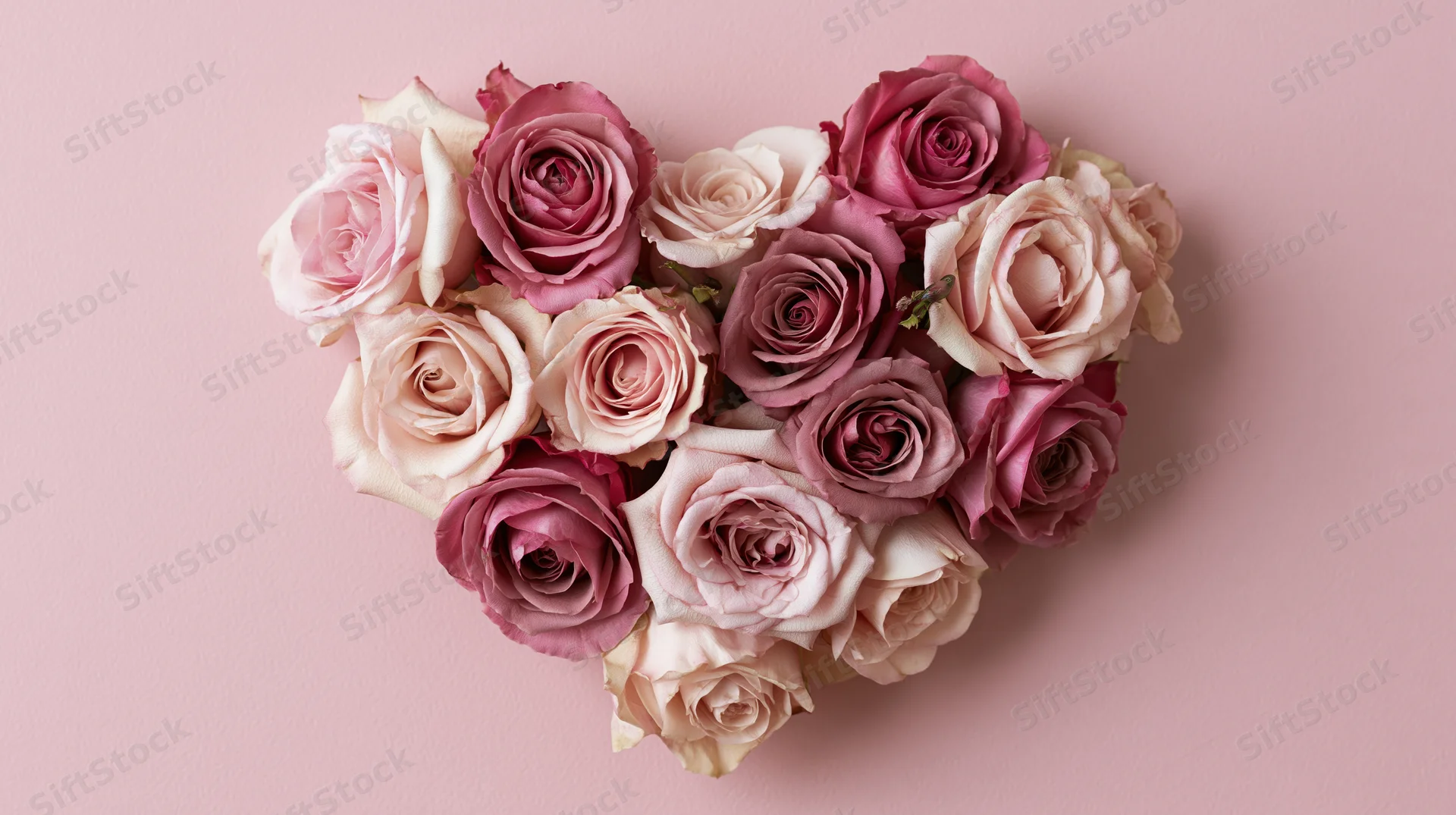 Pink and blush roses arranged in heart shape on soft pink background