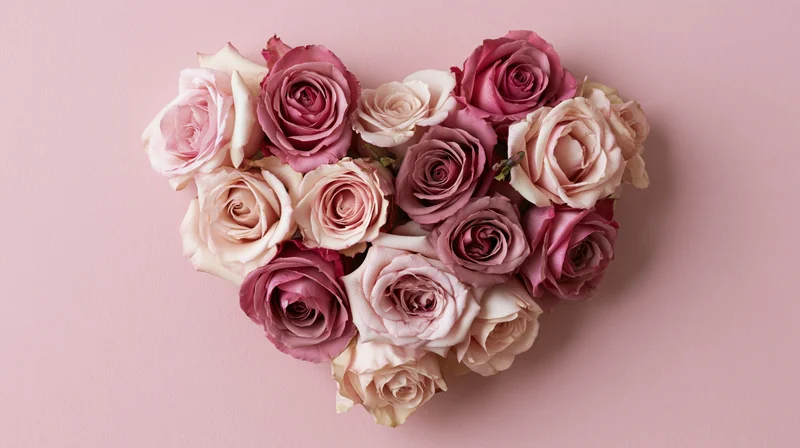Pink and blush roses arranged in heart shape on soft pink background
