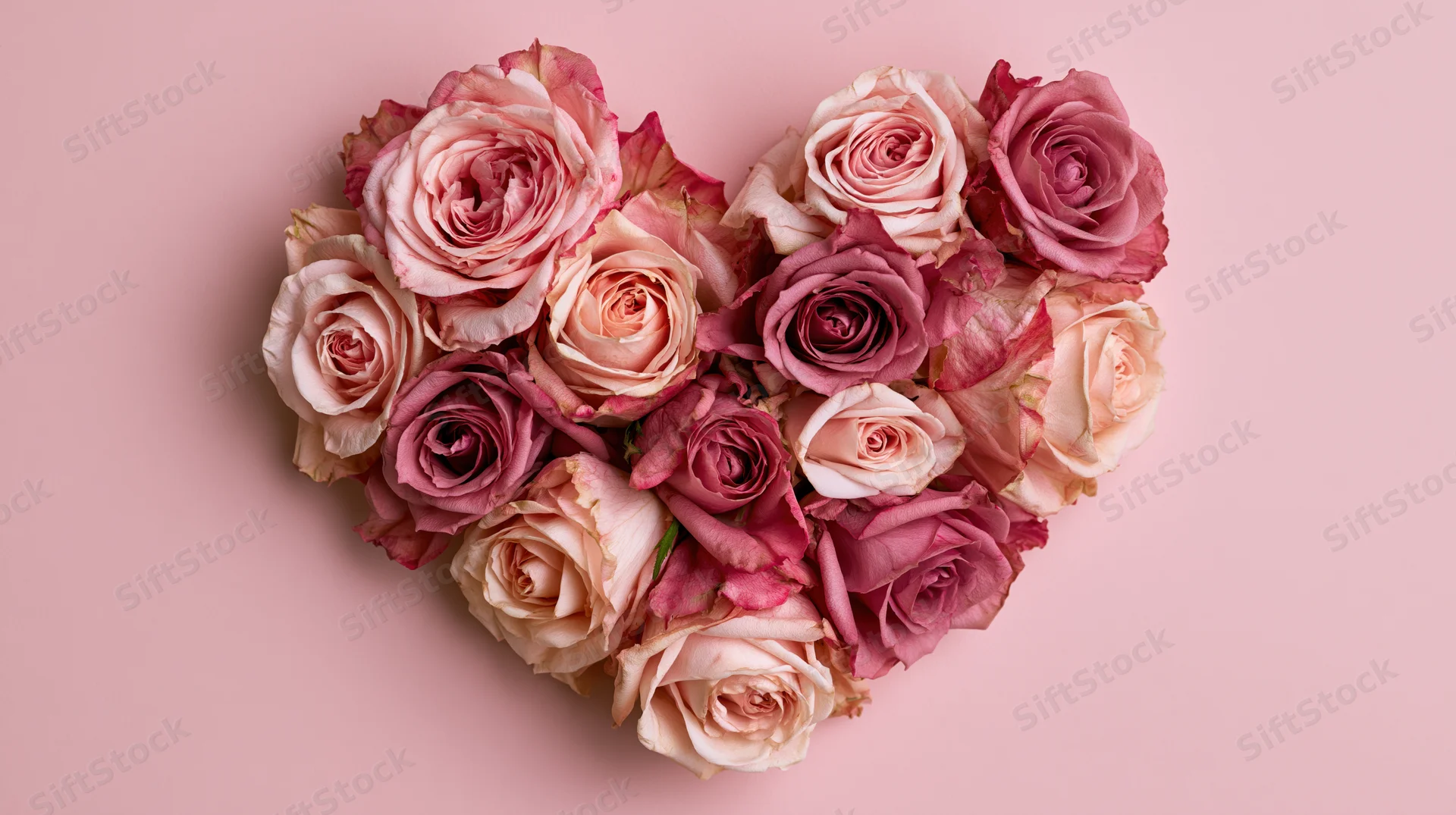 Pink roses arranged in heart shape on soft pink background
