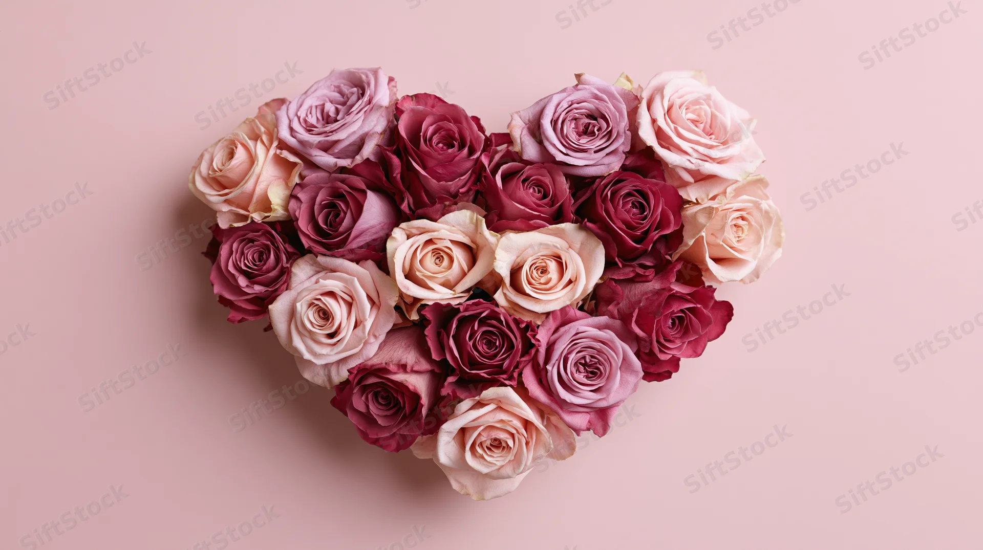 Heart-shaped arrangement of pink and blush roses on a soft pink background