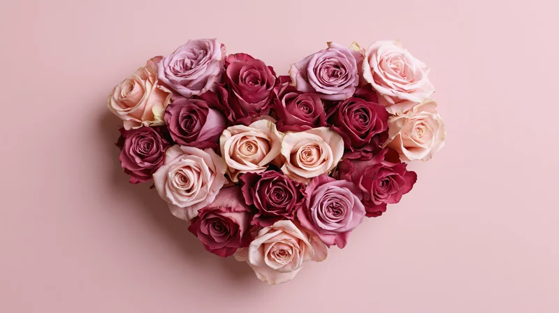 Heart-shaped arrangement of pink and blush roses on a soft pink background