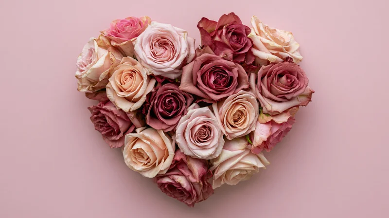 Heart-shaped arrangement of pink and blush roses on a soft pink background