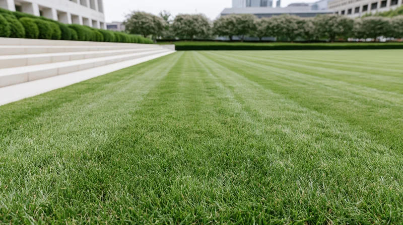 Freshly mowed lawn with striped grass patterns in front of modern buildings and steps