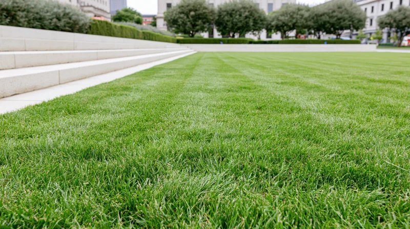 Freshly mowed green lawn with striped patterns beside concrete steps in an urban park