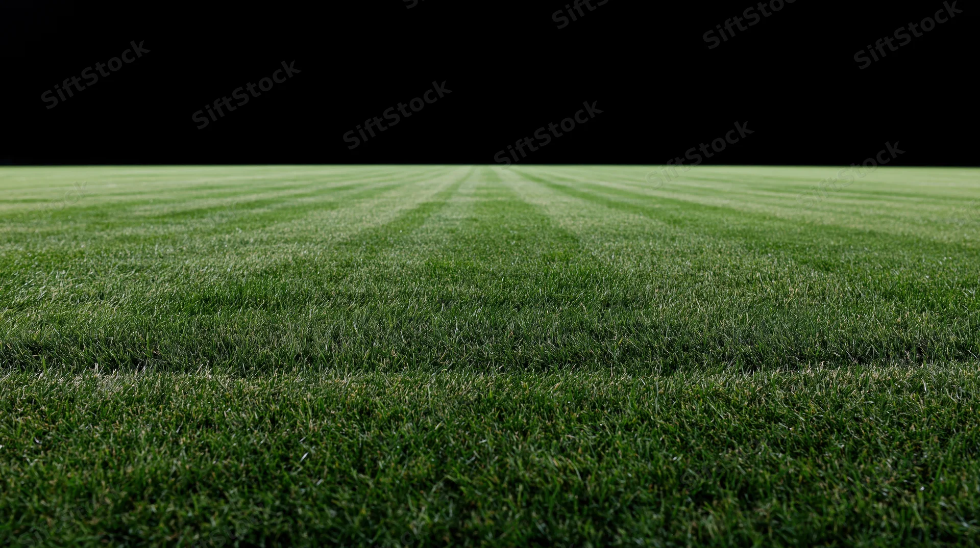 Freshly mowed grass field with striped pattern extending into the distance under dark night sky