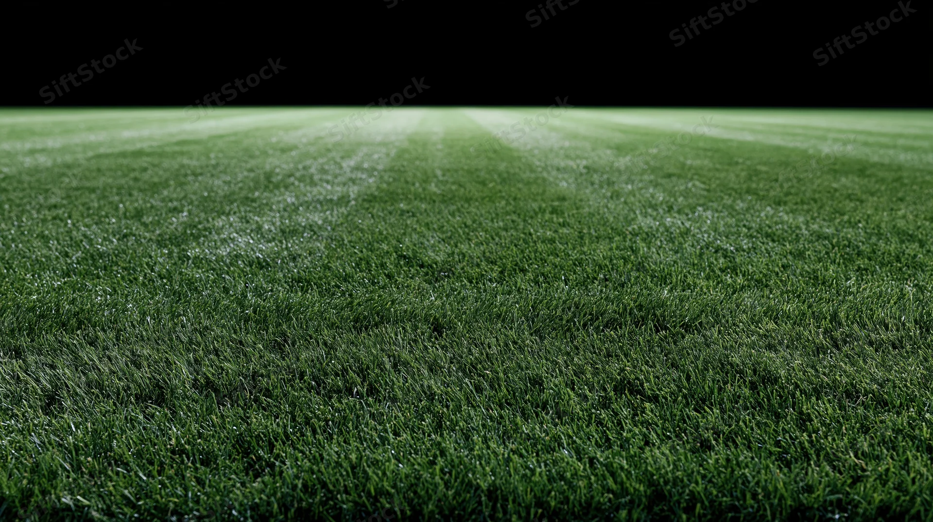 Freshly mowed grass field of a football stadium at night, viewed from ground level with striped texture and dark background