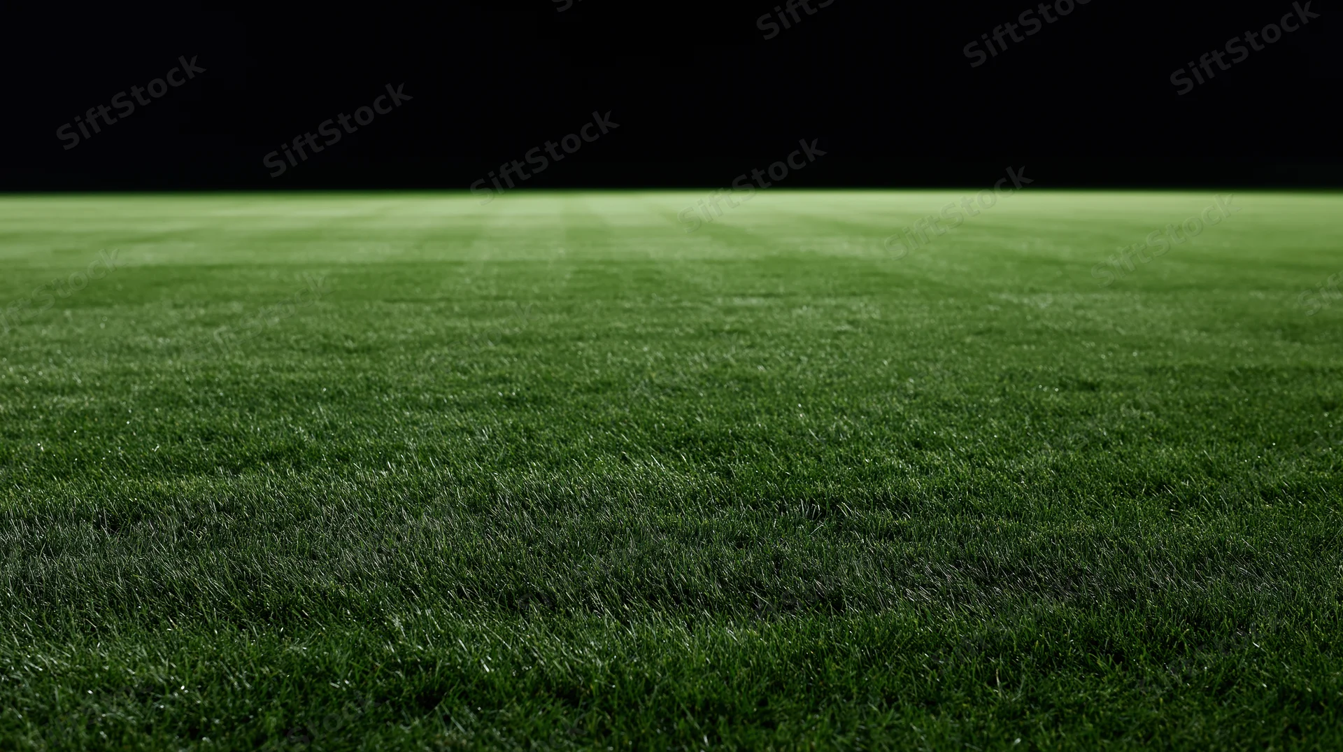 Freshly mowed grass field of a football stadium at night