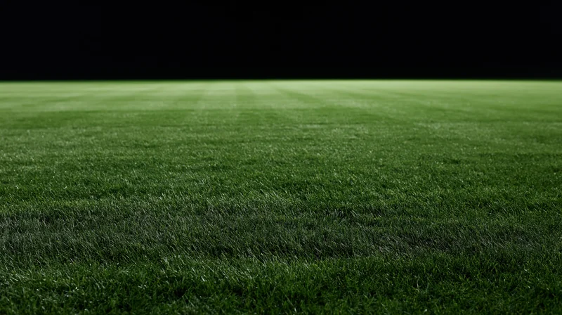 Freshly mowed grass field of a football stadium at night