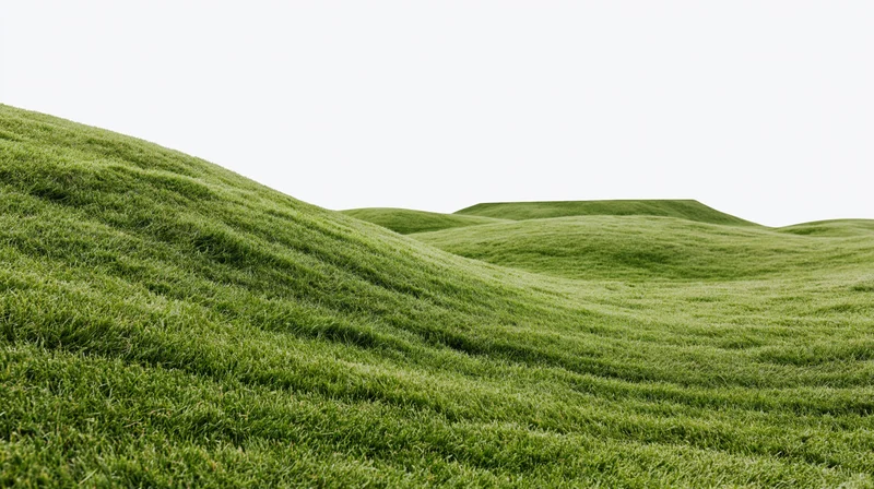 Gently rolling mowed grass hills of a golf course fairway under bright sky