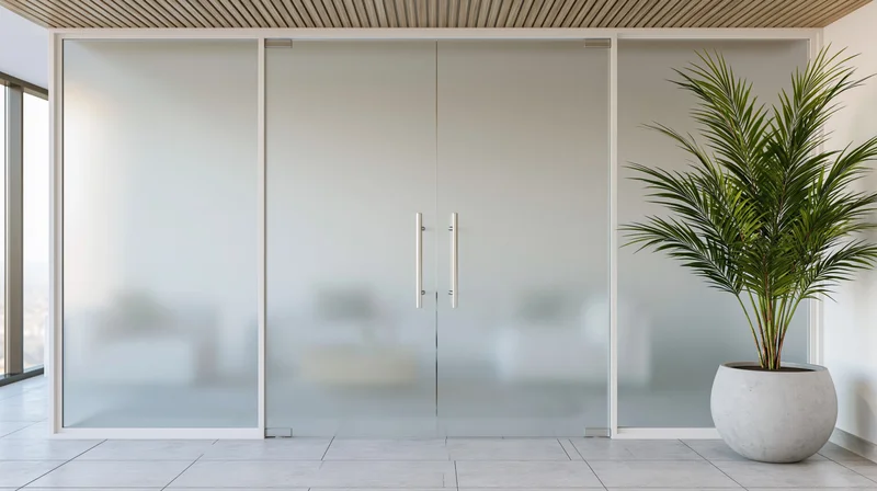Frosted glass partition doors with chrome handles in a modern office interior