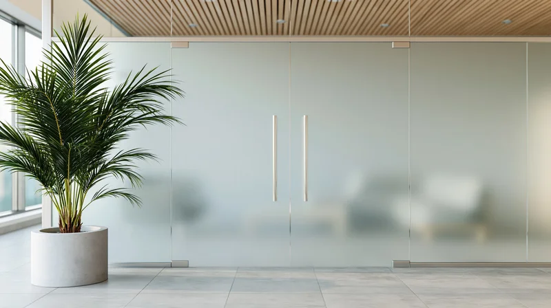 Frosted glass office partition doors with chrome bar handles in a modern lobby featuring a potted palm plant