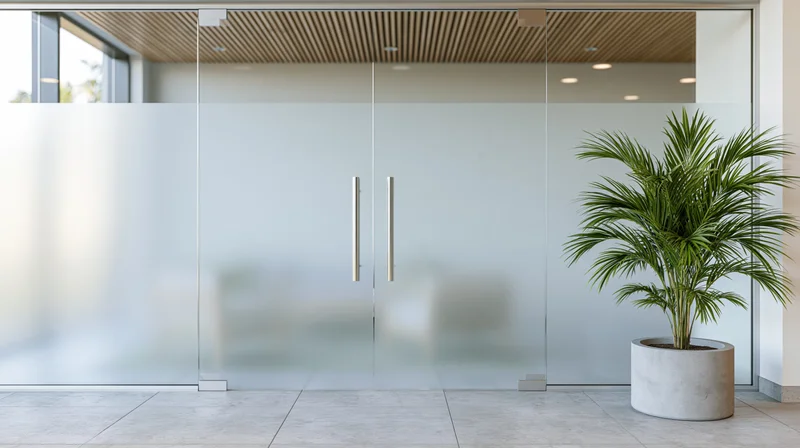 Frosted glass partition doors with chrome handles in a modern office lobby