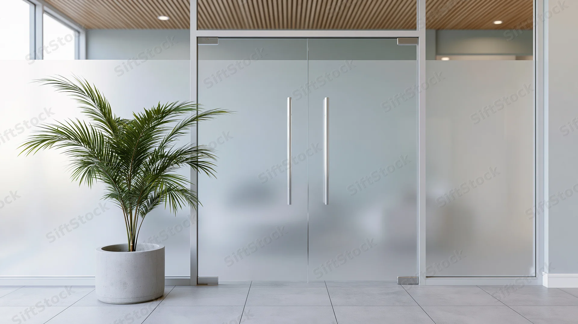 Frosted glass partition doors with chrome handles in a modern office interior featuring a potted palm plant