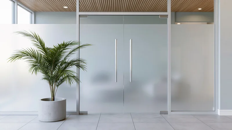 Frosted glass partition doors with chrome handles in a modern office interior featuring a potted palm plant