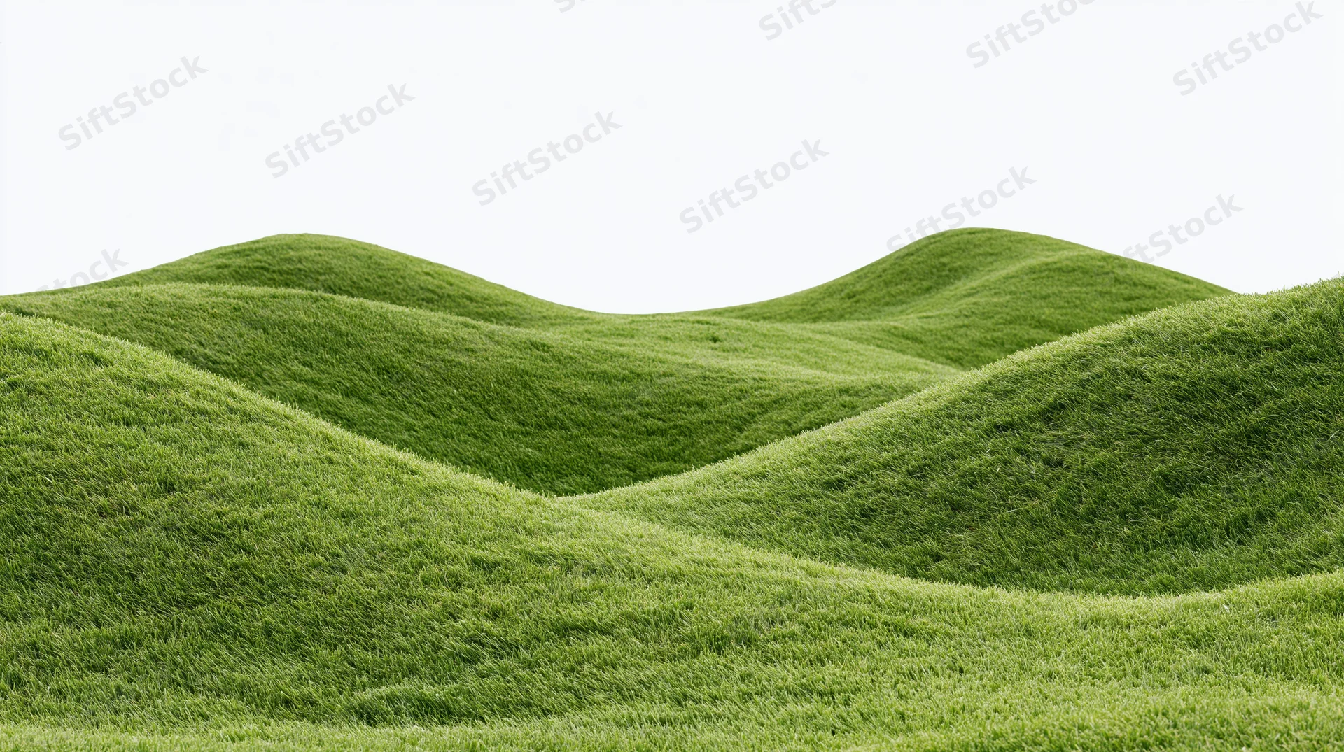 Gently rolling grass-covered hills under a bright white sky