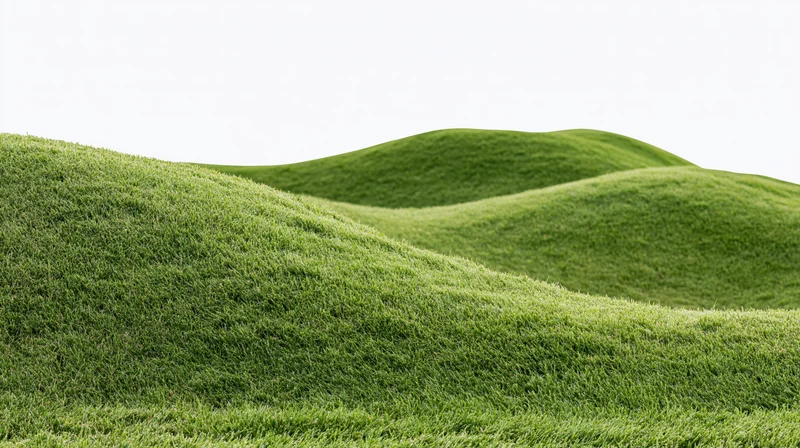 Gently rolling grass-covered hills filling the lower third of the frame against a white sky
