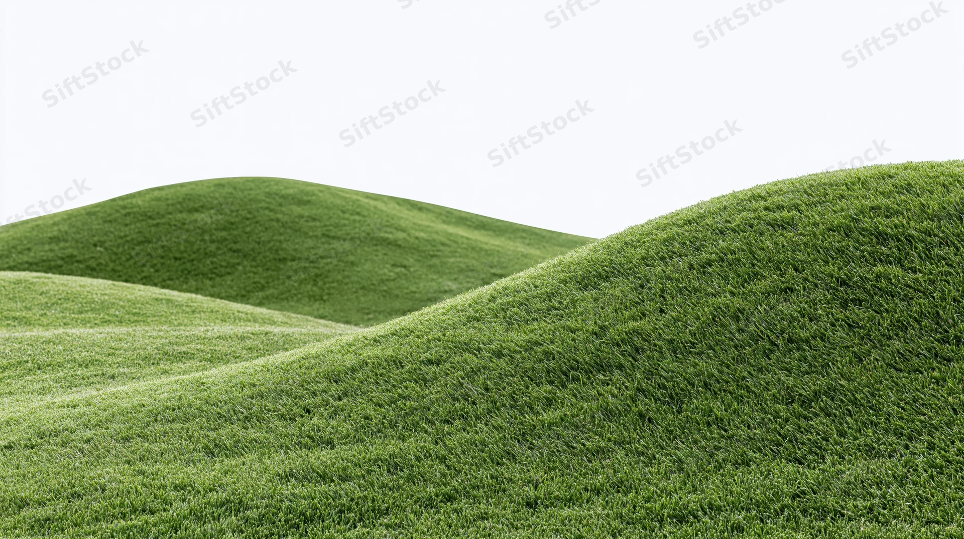 Gently rolling grass-covered hills filling the lower third of the frame against a white sky