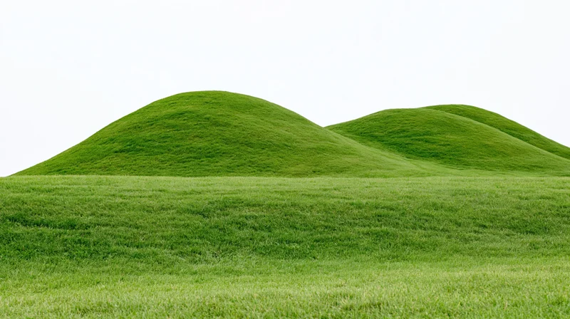 Gently rolling green grass hills with a flat grassy foreground