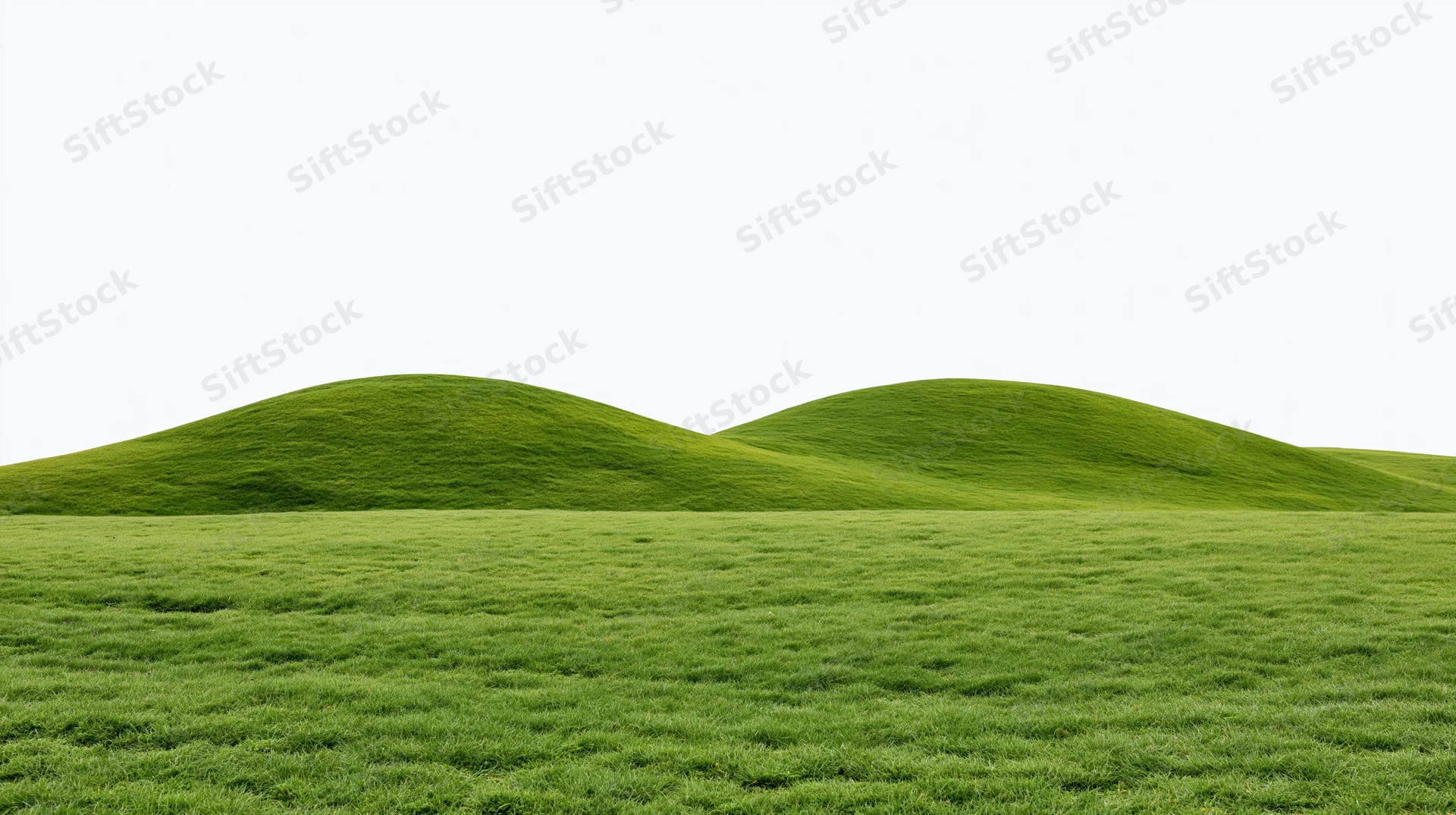 Gently rolling green grass hills with a flat grassy foreground under a white sky