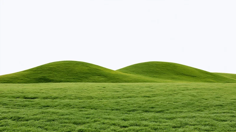 Gently rolling green grass hills with a flat grassy foreground under a white sky