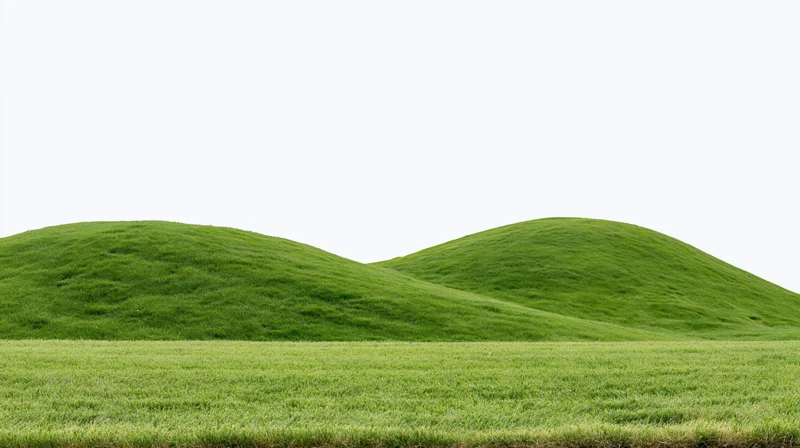 Gently rolling green grass hills with a flat grassy foreground against a white sky