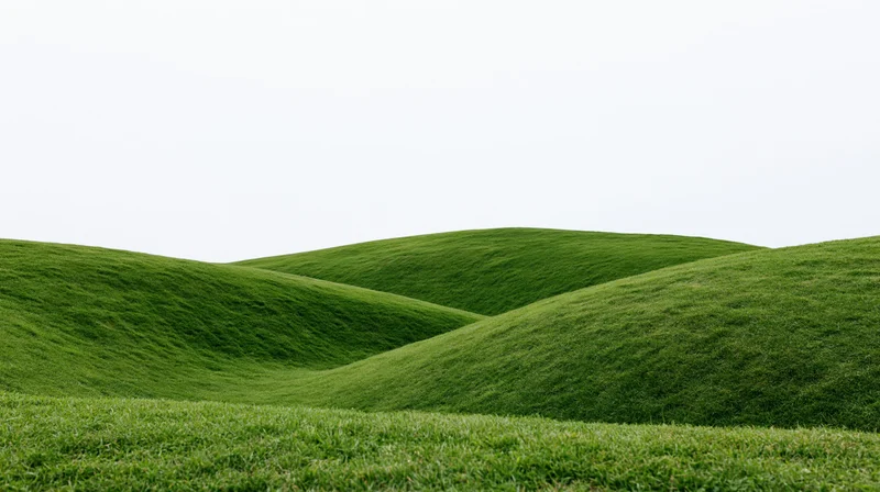 Gently rolling green grass hills under a white sky