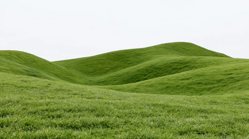 Gently rolling green grass hills under an overcast sky