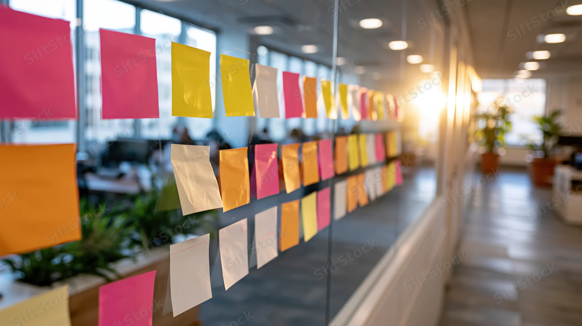 Colorful sticky notes arranged in rows on a glass office partition in a modern workspace