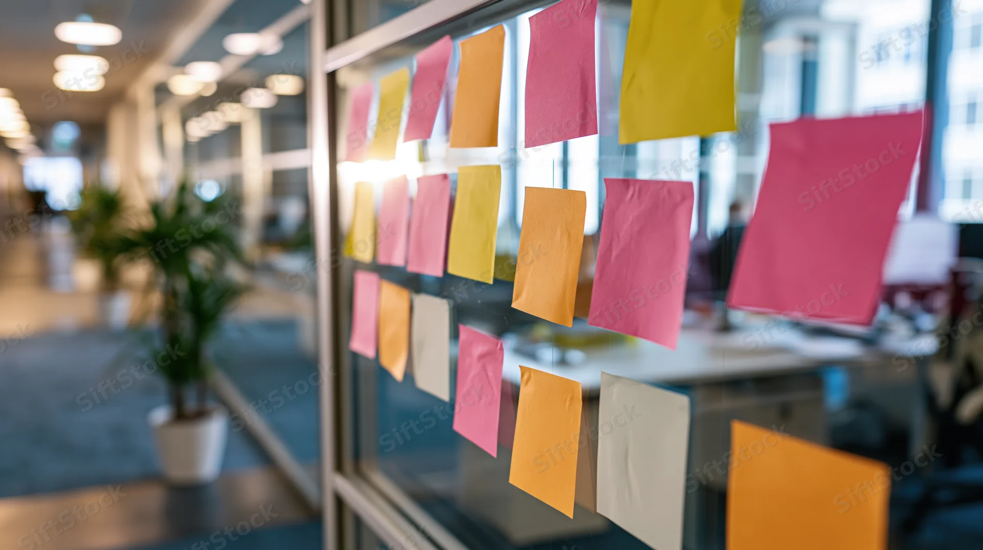 Colorful sticky notes arranged in rows on a glass office partition in a modern workspace