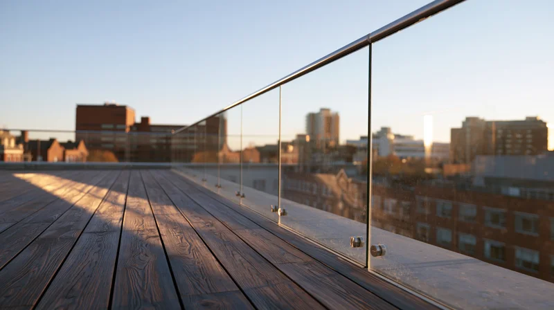 Low-angle view of glass railing along wooden rooftop terrace overlooking city buildings at sunrise