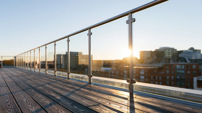Glass railing along a wooden rooftop terrace overlooking city skyline at sunset