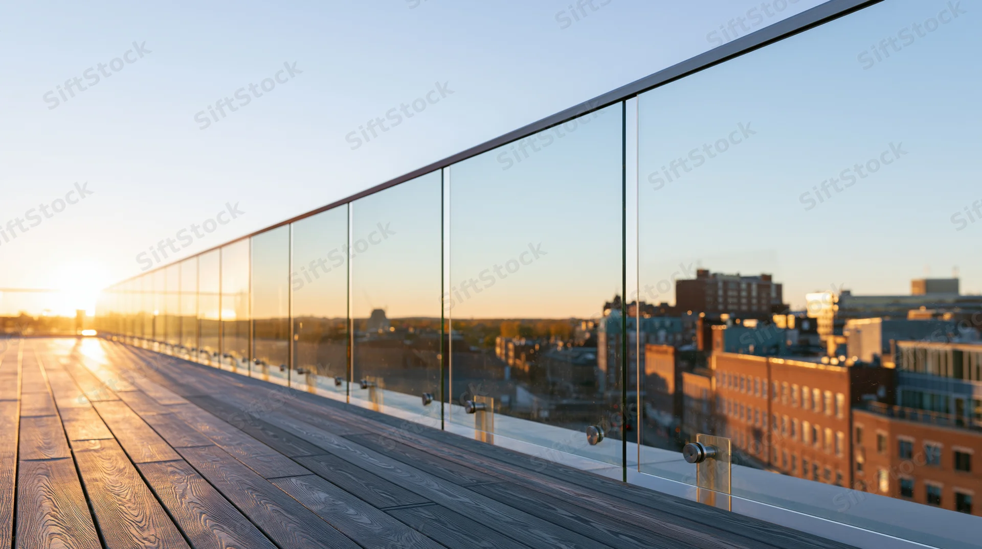 Glass panel railing along a wooden rooftop terrace overlooking city skyline at sunset