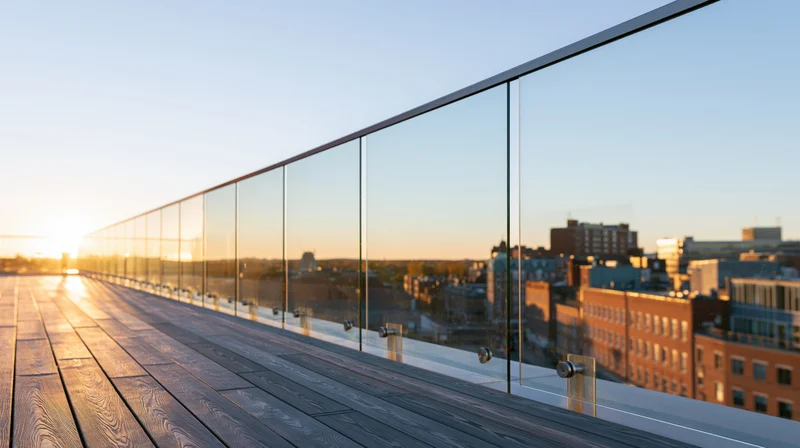 Glass panel railing along a wooden rooftop terrace overlooking city skyline at sunset