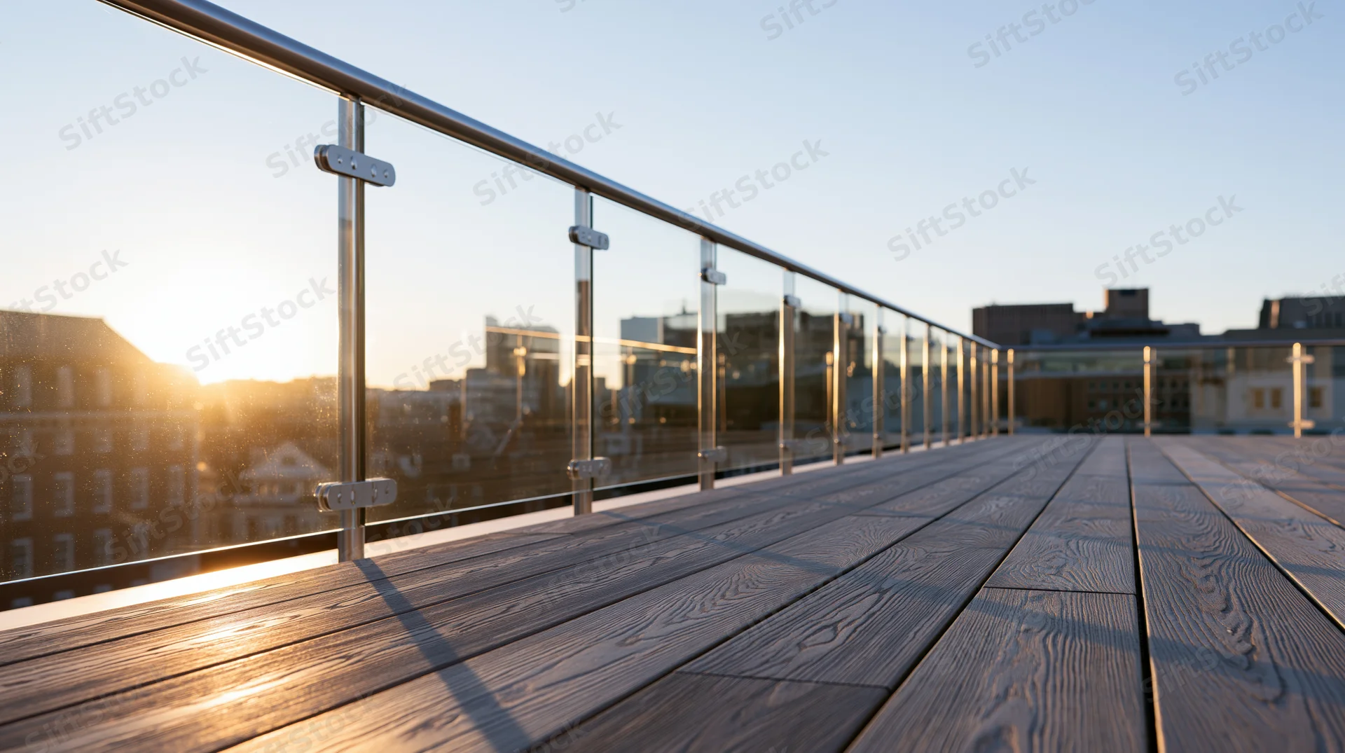 Glass railing along wooden rooftop terrace at sunset with city skyline in background